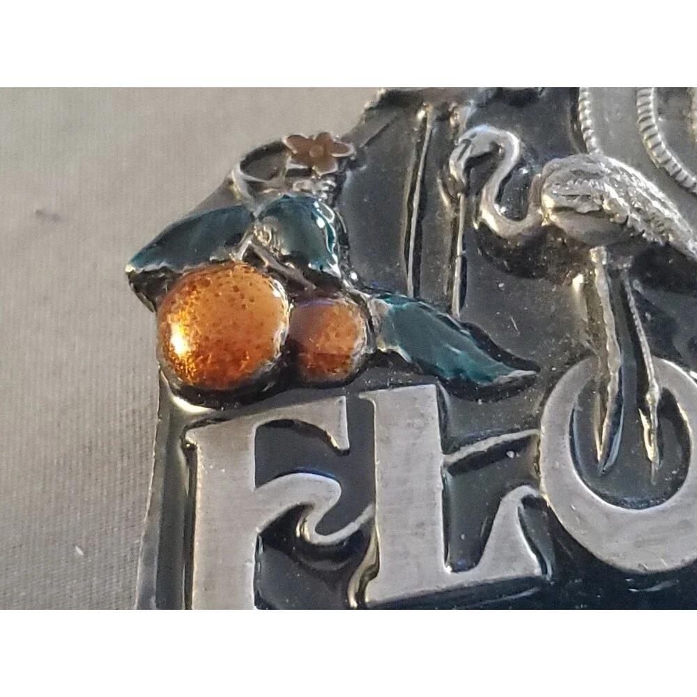 Vtg 1986 Siskiyou Florida State Belt Buckle Flamingo Alligator Oranges Made USA